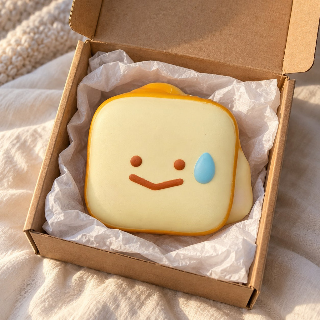 Toast squishy kawaii (Smiley toast), unboxed from a parcel with tissue paper