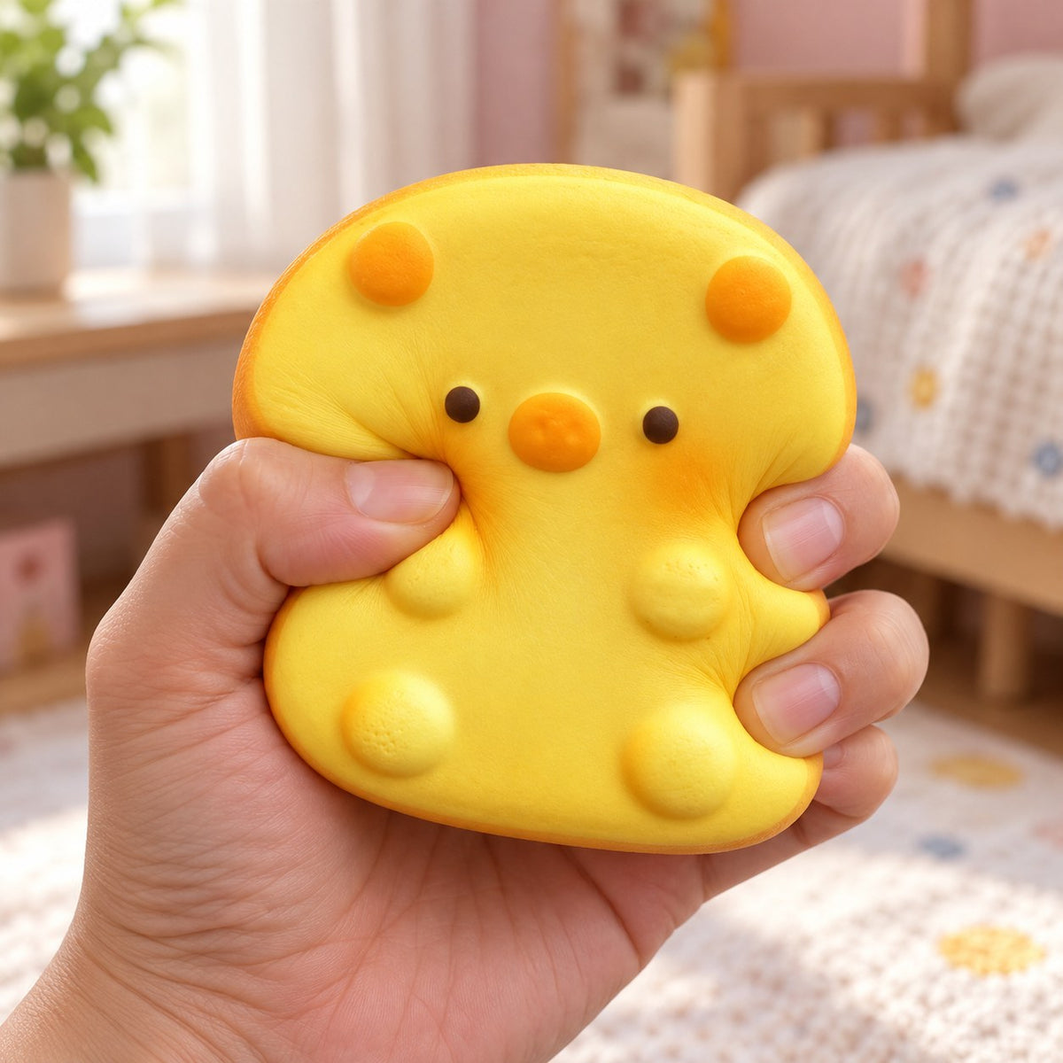 Toast squishy kawaii slow rising (Yellow piglet toast), being squeezed by hand, soft and squishy