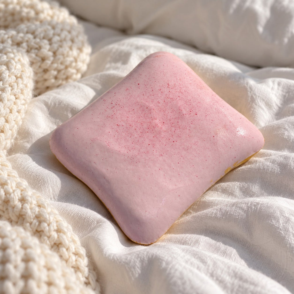 Toast squishy jumbo (Berry pink), on a cozy bed with soft blankets