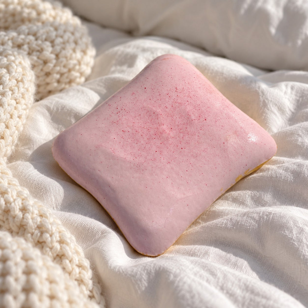 Toast squishy jumbo (Berry pink), on a cozy bed with soft blankets