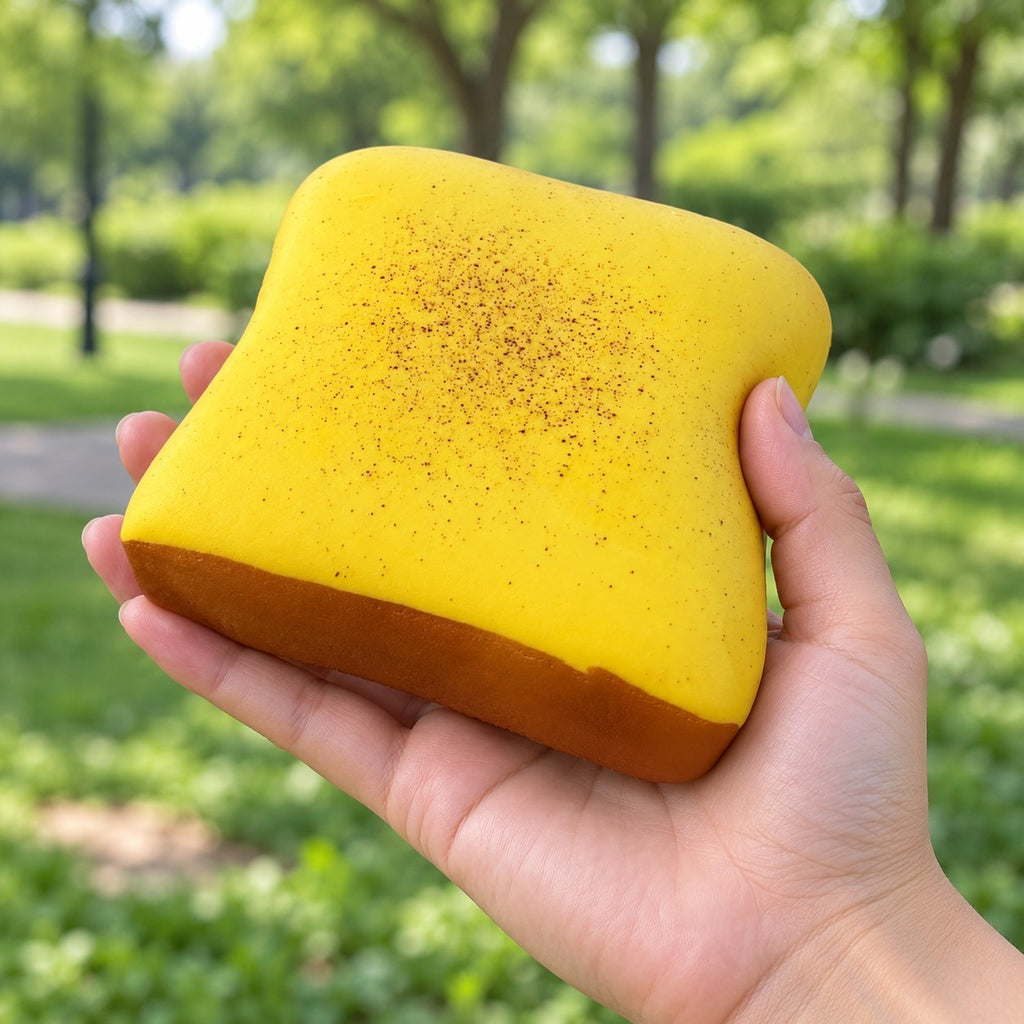 Thick toast squishy (Butter yellow), held in a hand to show the real size