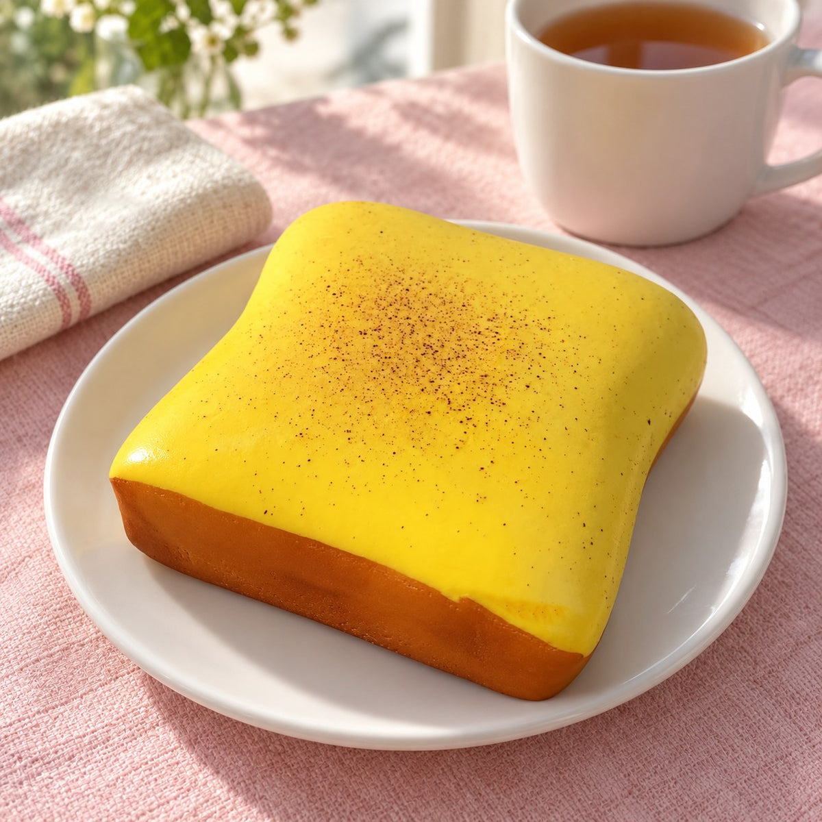 Toast squishy jumbo (Butter yellow), on a plate on a breakfast table