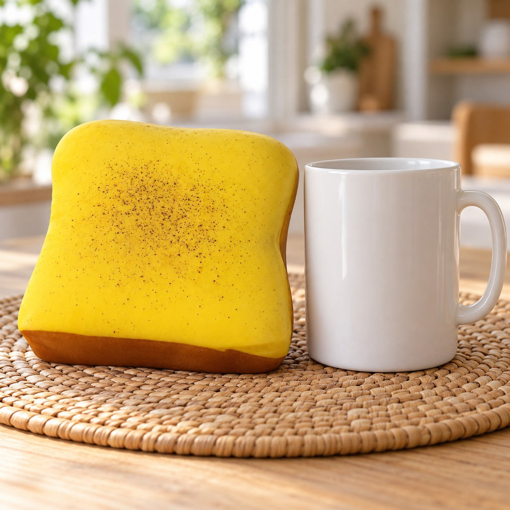 Thick toast squishy (Butter yellow), next to a coffee mug for size comparison