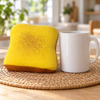 Thick toast squishy (Butter yellow), next to a coffee mug for size comparison