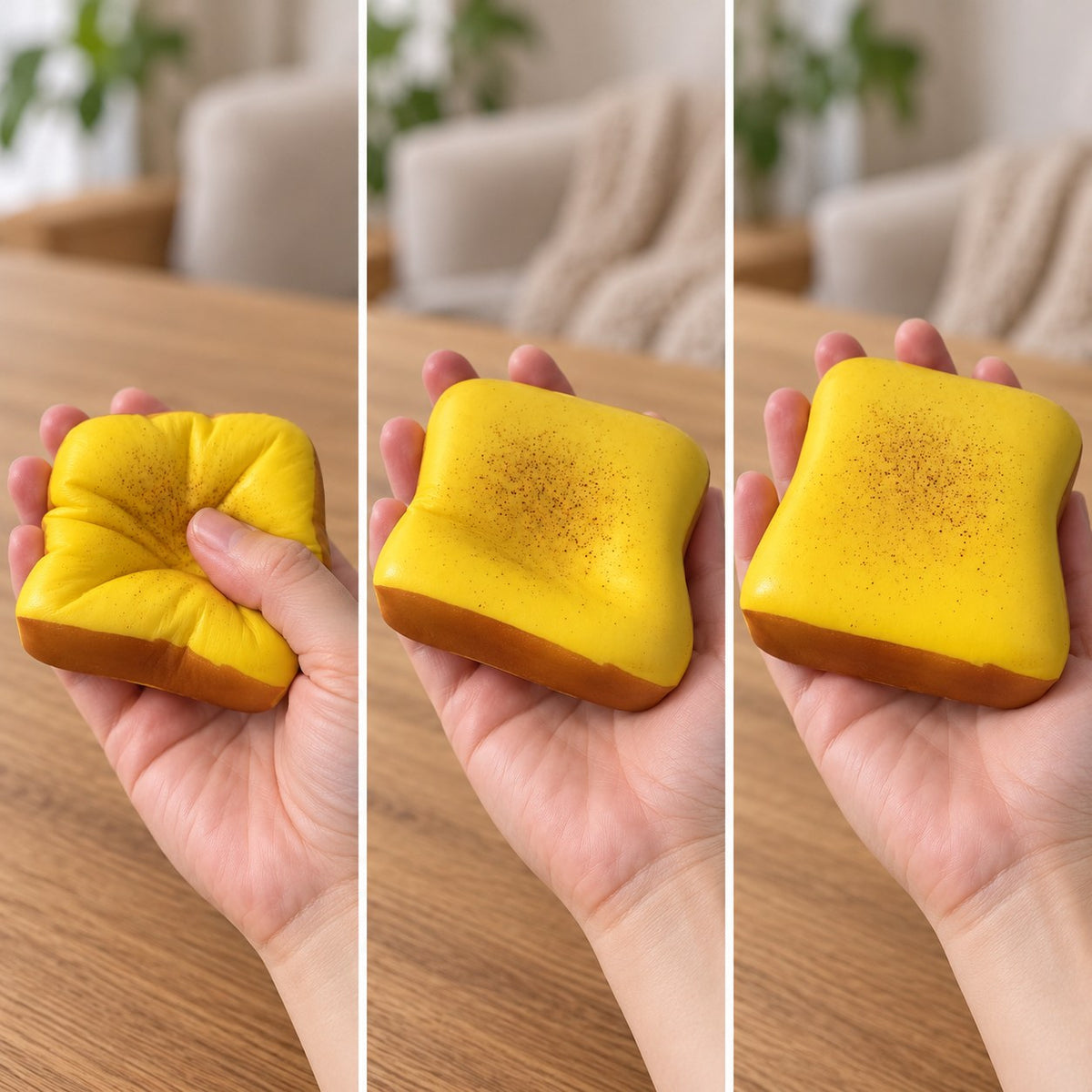 Toast squishy jumbo (Butter yellow), squished flat, half risen and fully back in shape