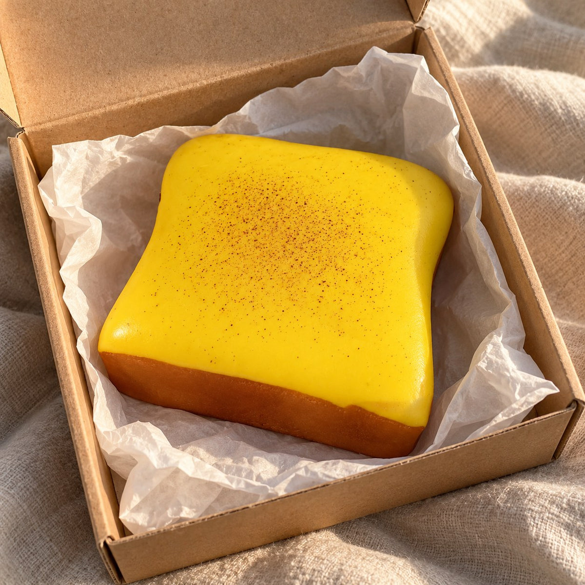 Toast squishy slow rising jumbo (Butter yellow), unboxed from a parcel with tissue paper