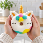 Unicorn Donut Squishy, Slow Rising and Scented, held in both hands to show the big size