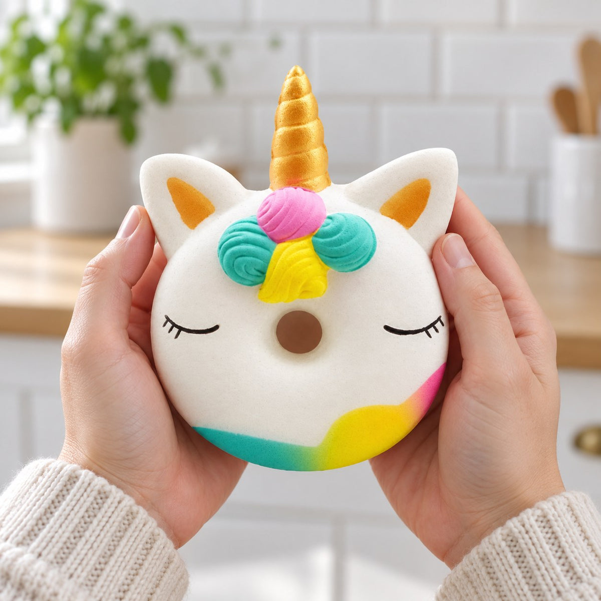 Unicorn Donut Squishy, Slow Rising and Scented, held in both hands to show the big size
