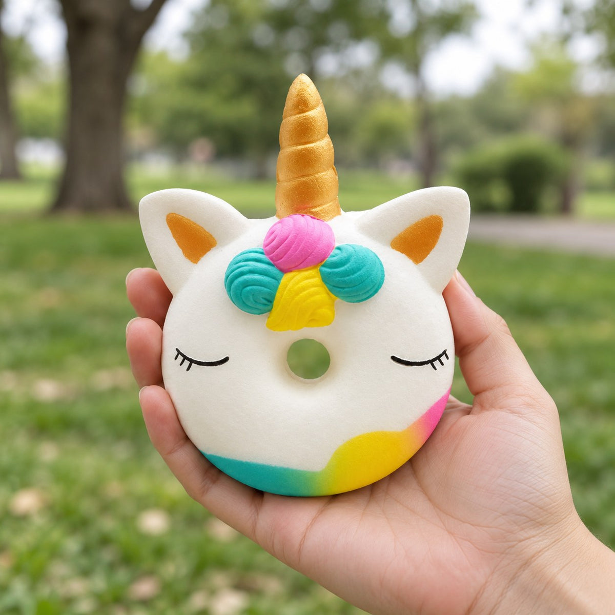 Unicorn Donut Squishy, Slow Rising and Scented, held in a hand to show the real size