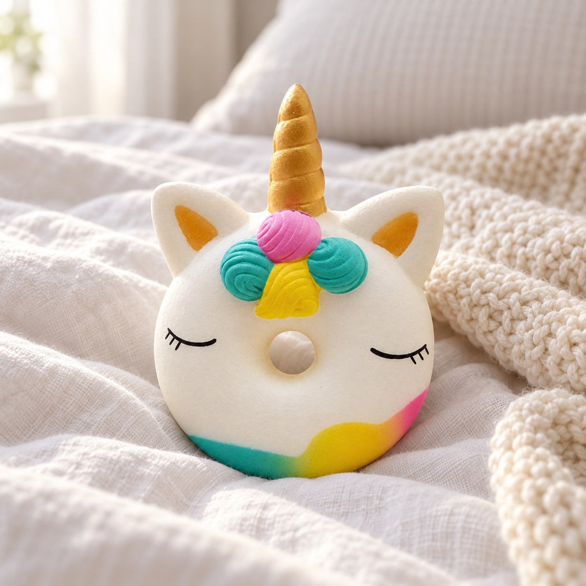 Unicorn Donut Squishy, Slow Rising and Scented, on a cozy bed with soft blankets
