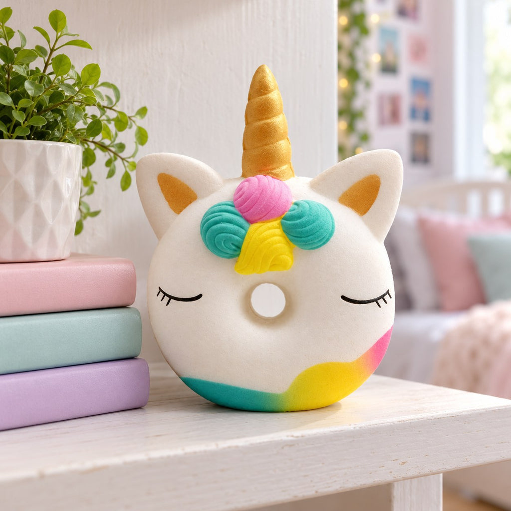 Unicorn Donut Squishy, Slow Rising and Scented, on a shelf with books and a plant as room decor