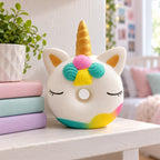 Unicorn Donut Squishy, Slow Rising and Scented, on a shelf with books and a plant as room decor