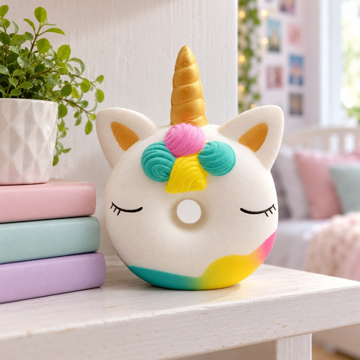 Unicorn Donut Squishy, Slow Rising and Scented, on a shelf with books and a plant as room decor