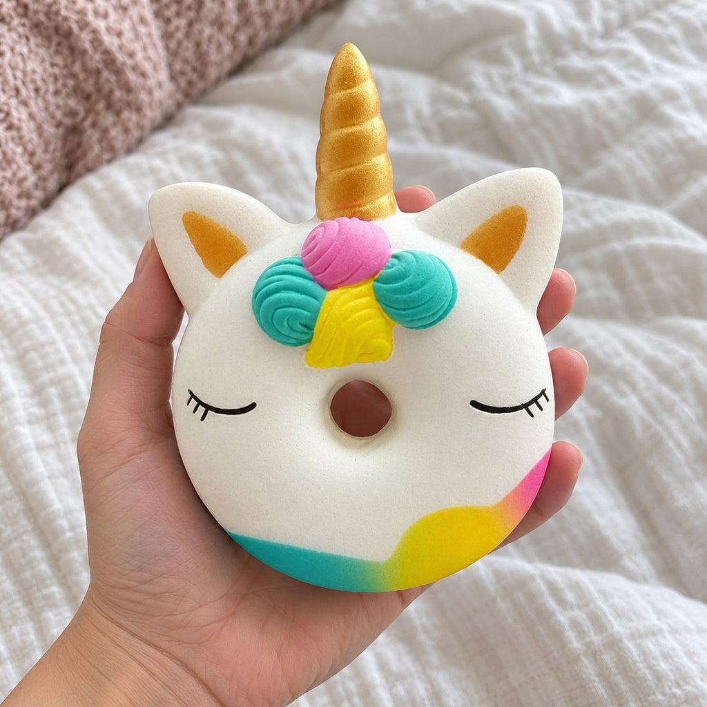 Donut squishy, held toward the camera, first-person view