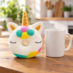 Unicorn Donut Squishy, Slow Rising and Scented, next to a coffee mug for size comparison