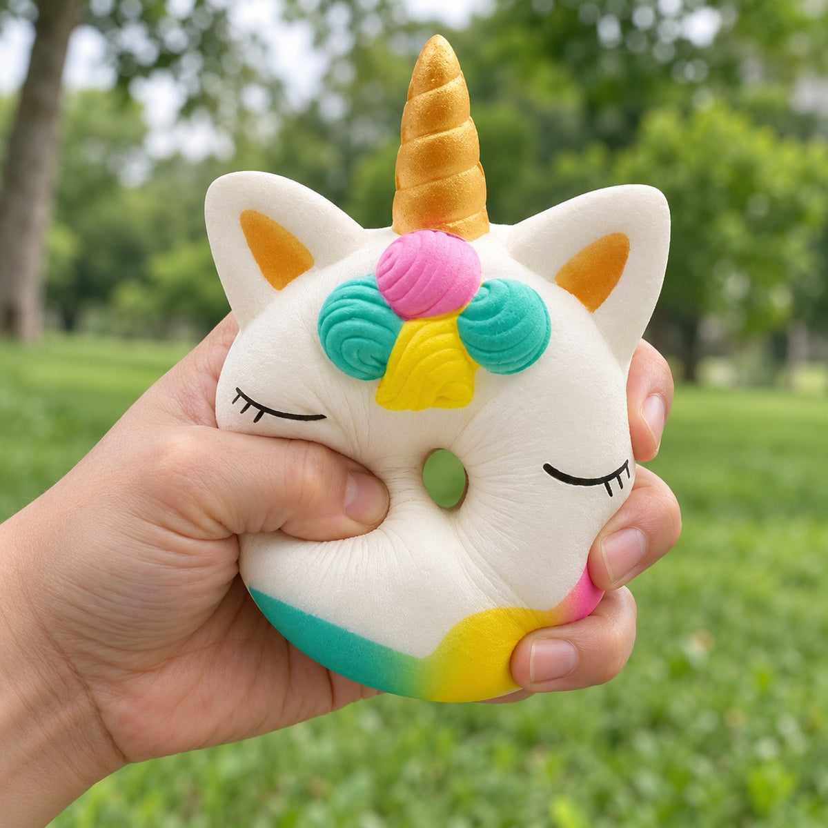 Unicorn Donut Squishy, Slow Rising and Scented, being squeezed by hand, soft and squishy