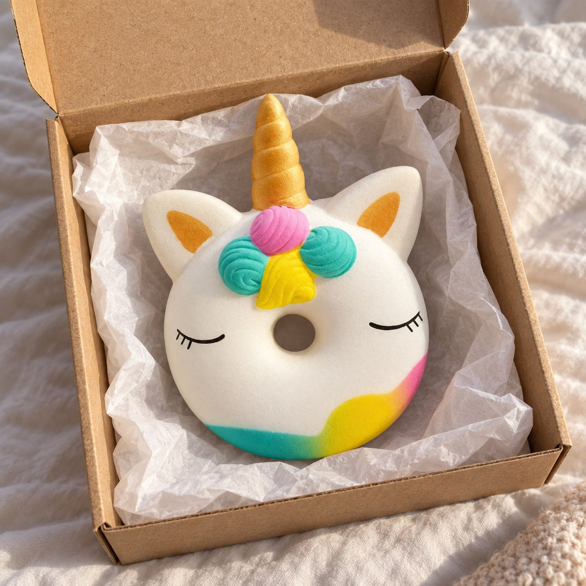 Unicorn squishy, unboxed from a parcel with tissue paper