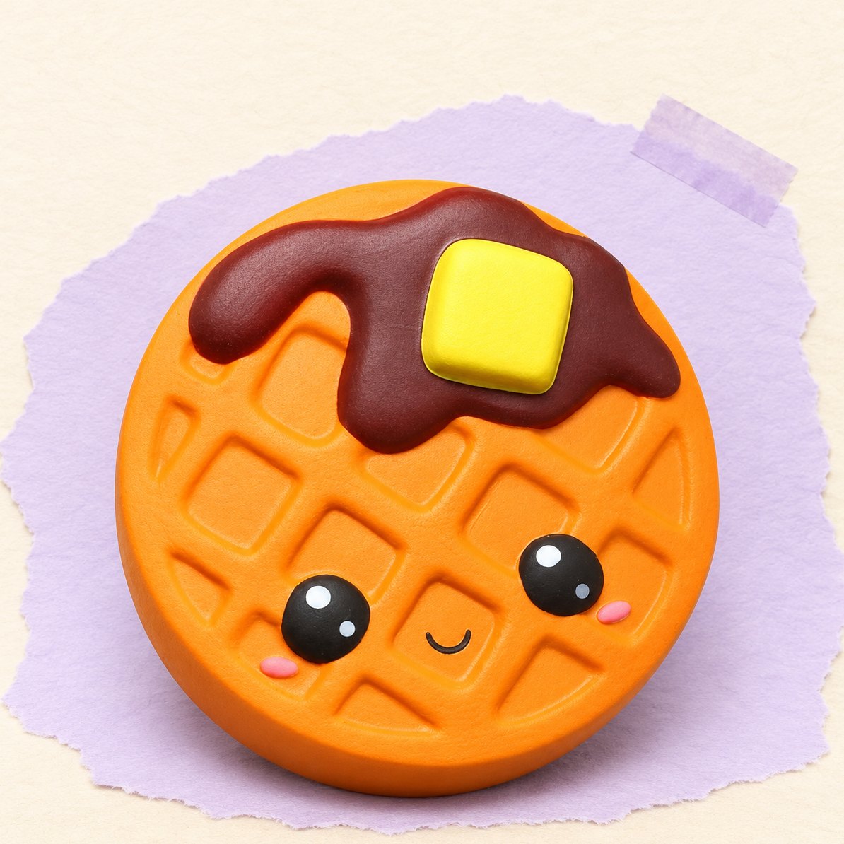Vaffel-squishy, kawaii, produktfoto på pastelfarvet papir