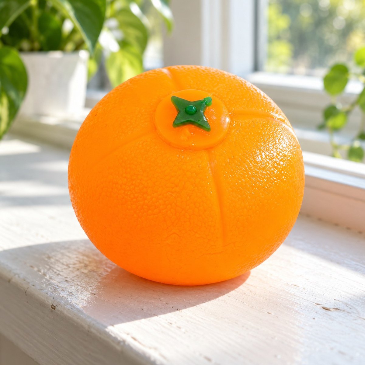Solig fönsterbräda med vattenboll squishy frukt som apelsin