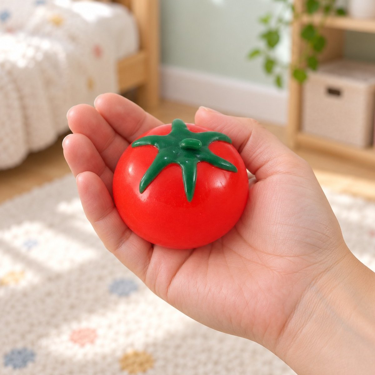 Vattenboll squishy frukt som tomat hålls i handen, så syns den verkliga storleken