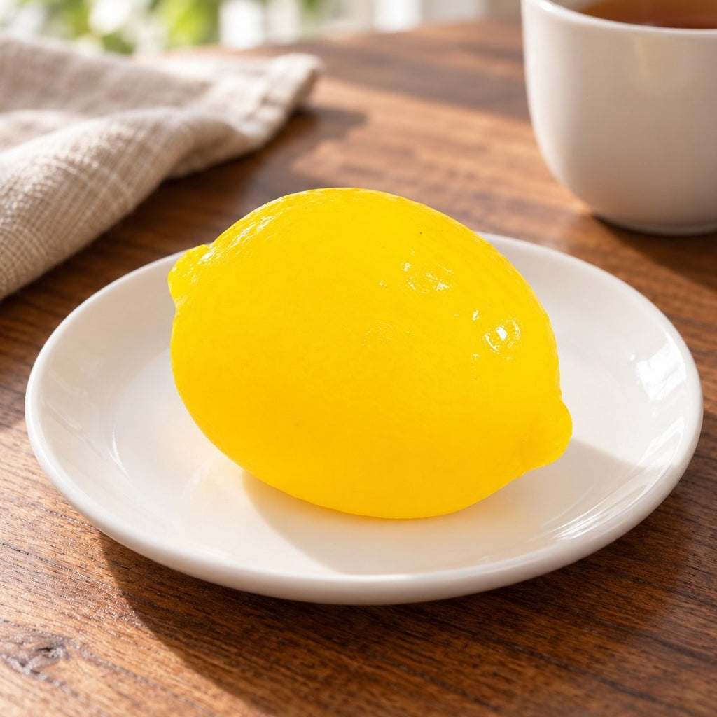 Vattenboll squishy som citron på en tallrik vid frukostbordet
