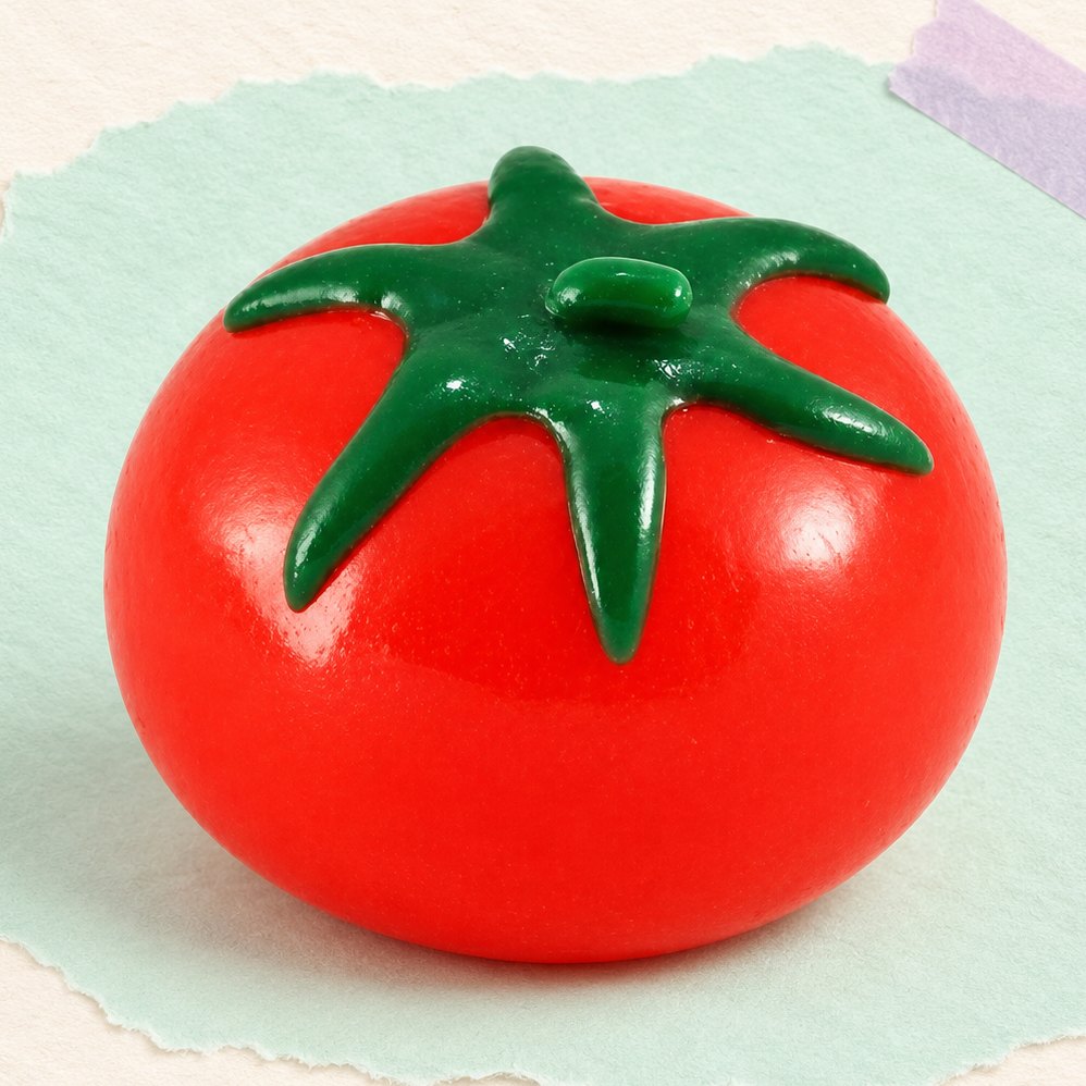 Vattenboll squishy som tomat, finns även som druva eller citron, på pastellpapper