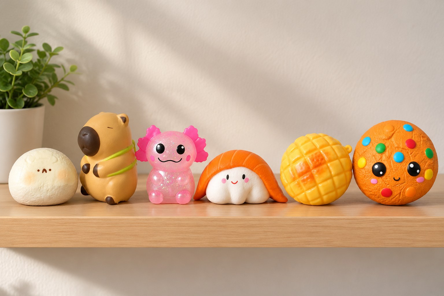 Zes verschillende squishies op een houten plank: taba hamster, capybara, glitter-axolotl, zalmnigiri, ananasbroodje en kawaii koekje