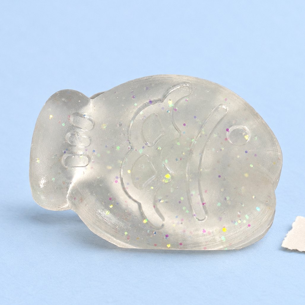 Vis squishy: mini geleivisje van 6 cm, wit met glitter, op pastelkleurig papier