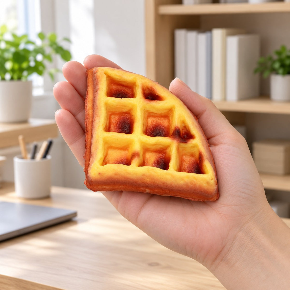 Waffle Squishy, Realistic Triangle Slice 11 cm, held in a hand to show the real size