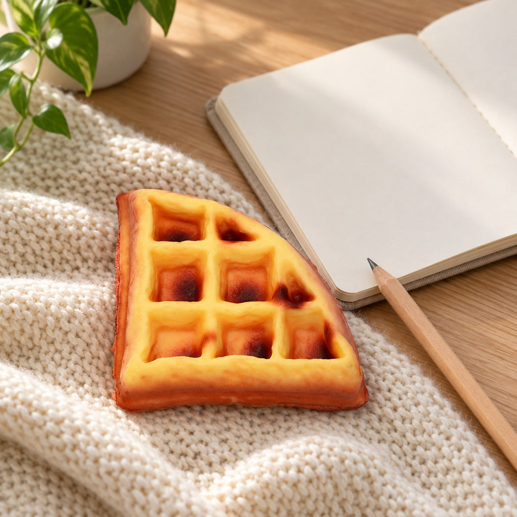 Waffle squishy soft, on a desk with a notebook and pencil