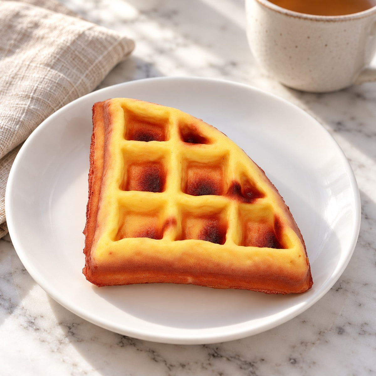 Waffle Squishy, Realistic Triangle Slice 11 cm, on a plate on a breakfast table