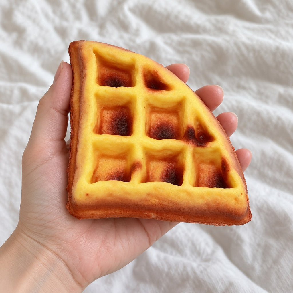 Waffle squishy soft, held toward the camera, first-person view