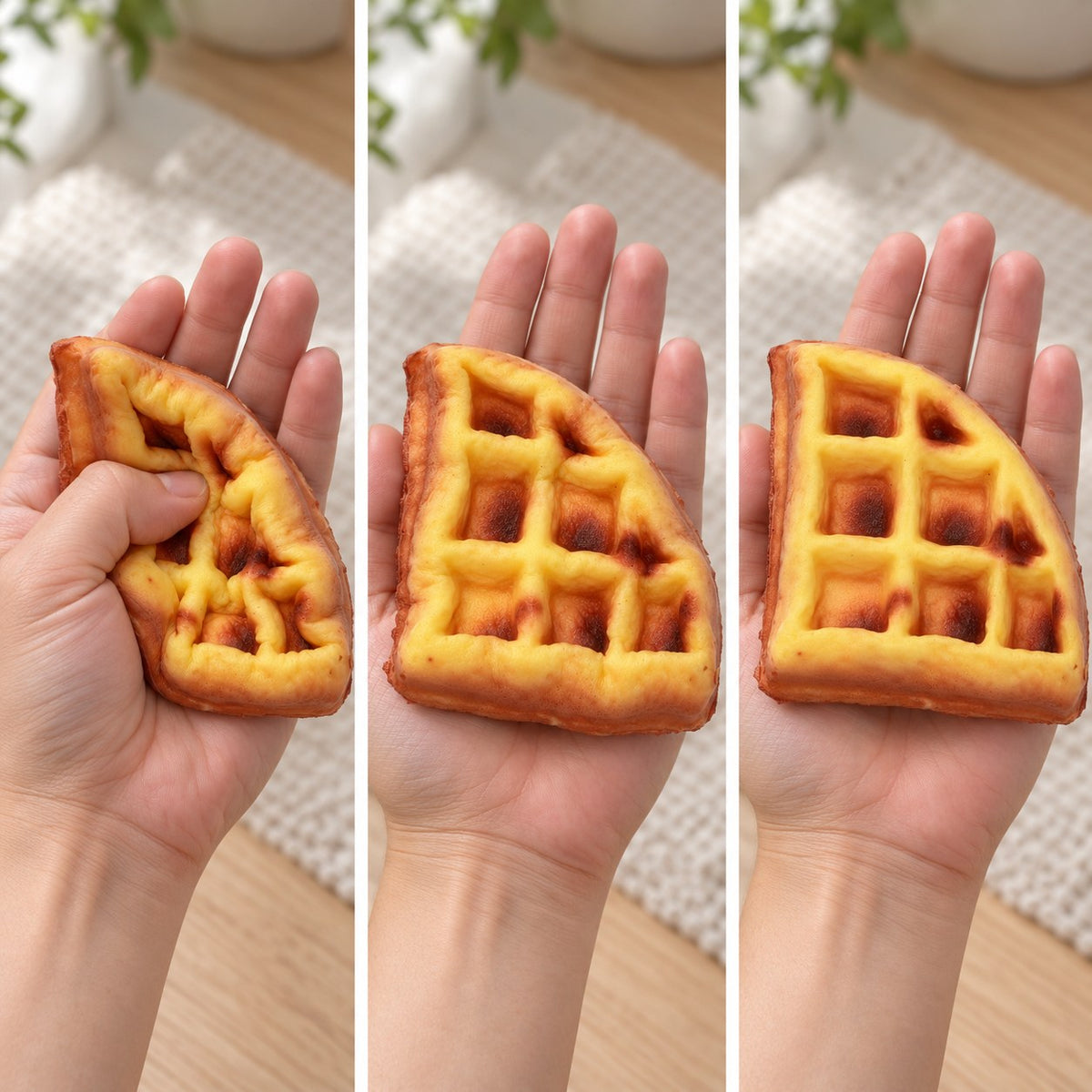 Waffle squishy slow rising, squished flat, half risen and fully back in shape
