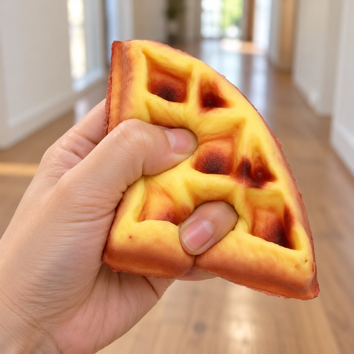Waffle Squishy, Realistic Triangle Slice 11 cm, being squeezed by hand, soft and squishy