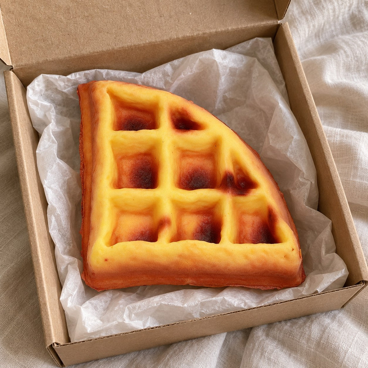 Waffle squishy slow rising, unboxed from a parcel with tissue paper