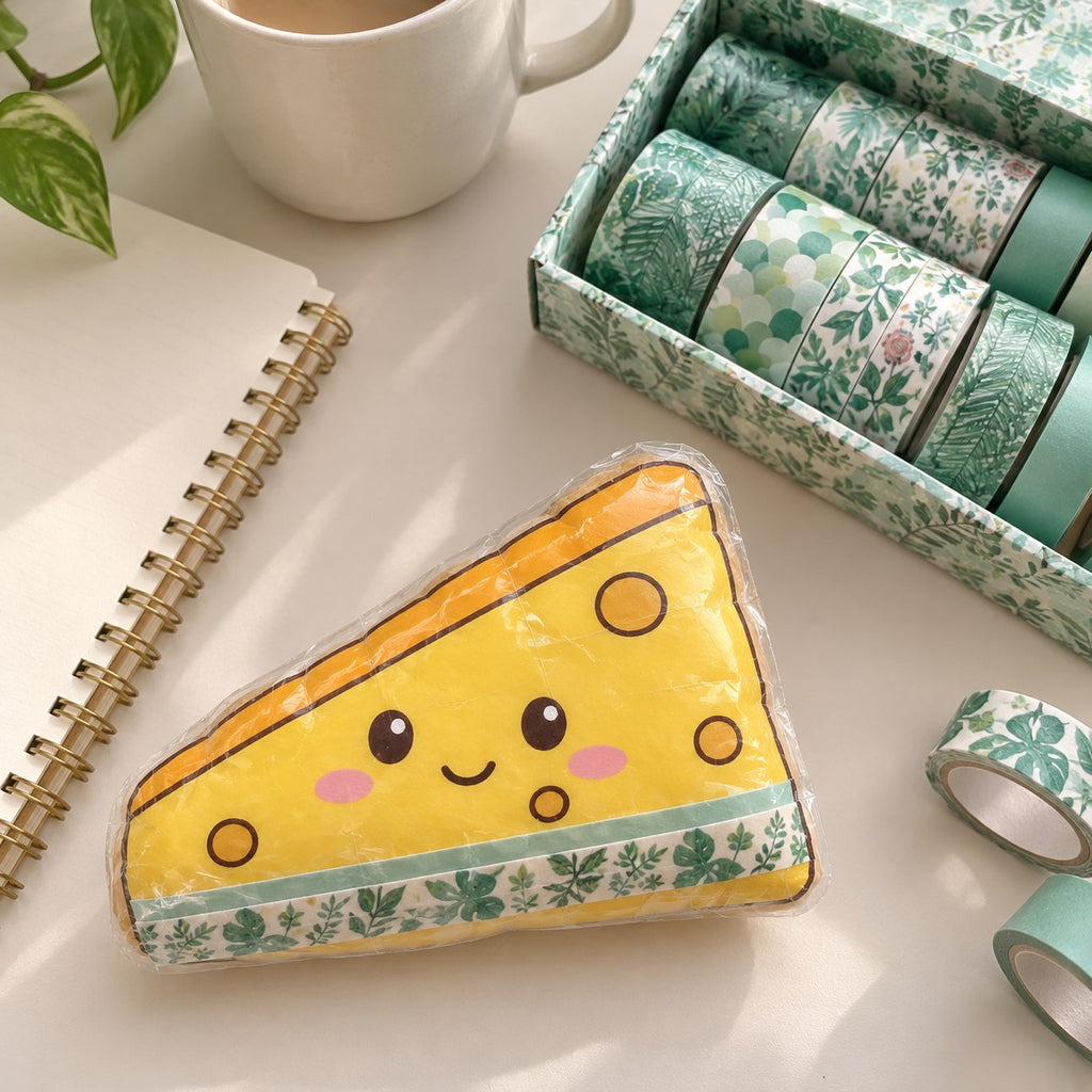 Washi Tape Box für Papier-Squishys, Käse-Papier-Squishy mit Mint-Tape verziert