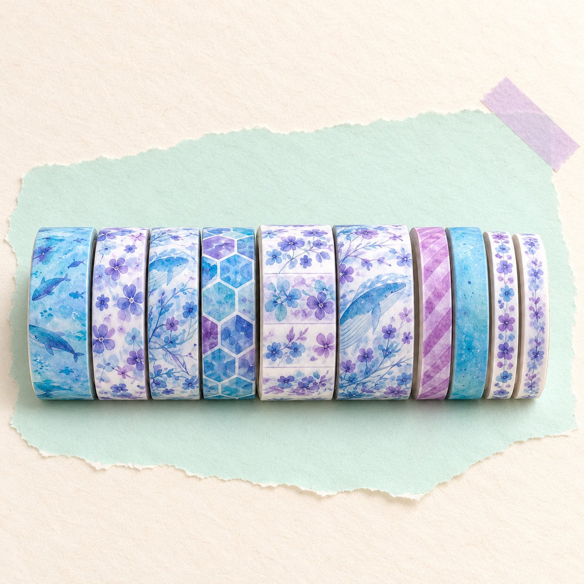 Washitejp squishy pappers – Washitejp-set för pappers-squishies, 10 rullar (Lila valar), produktbild på pastellpapper