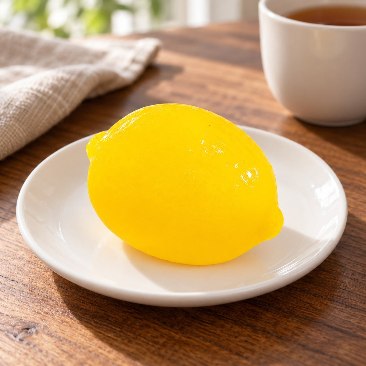 Water Squishy Fruit Ball, Tomato, Grape or Lemon, on a plate on a breakfast table