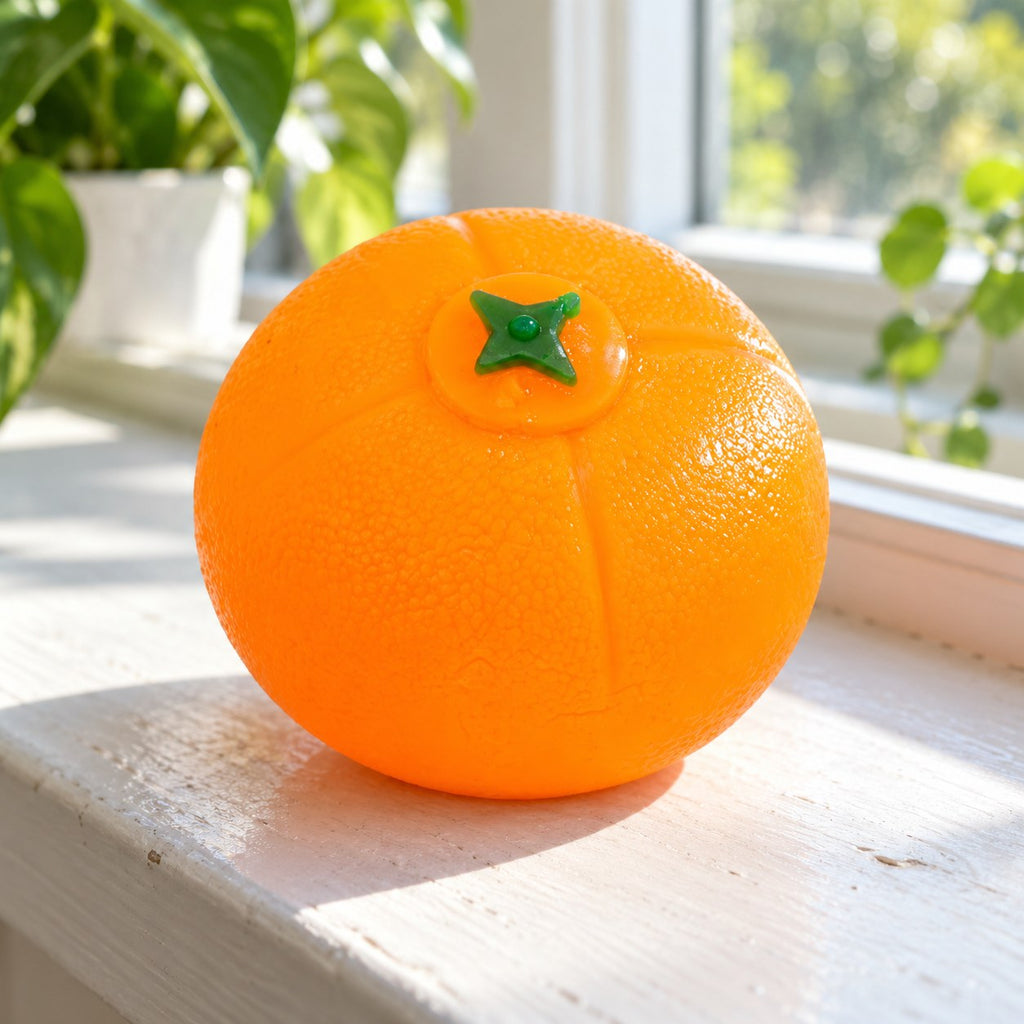 Water Squishy Fruit Ball, Tomato, Grape or Lemon (Orange), on a sunny windowsill