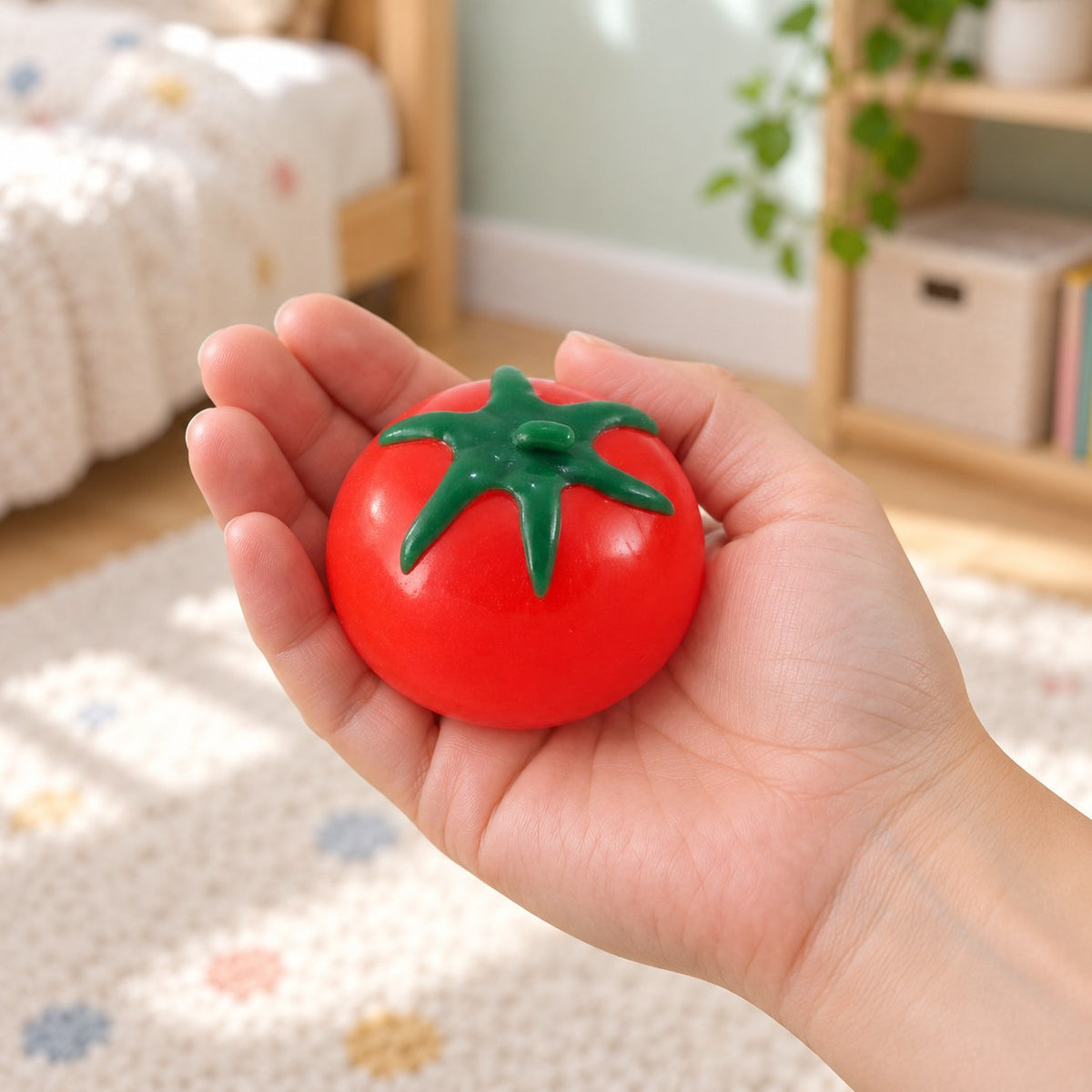 Water Squishy Fruit Ball, Tomato, Grape or Lemon, held in a hand to show the real size