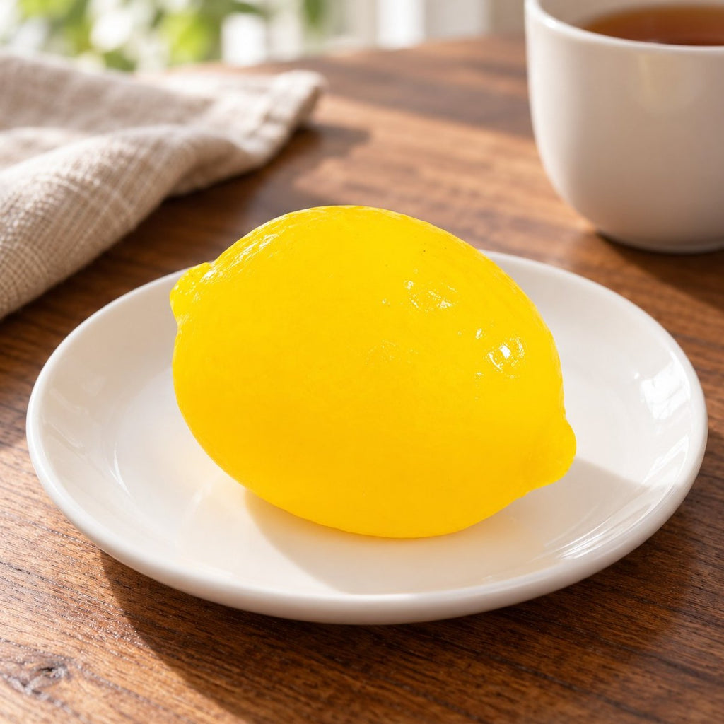 Op een bordje aan de ontbijttafel: water squishy fruitbal als citroen
