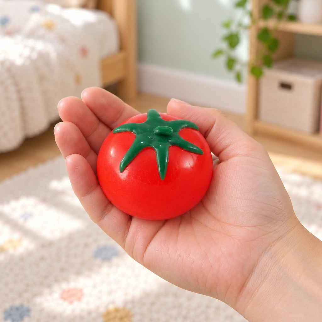 Water squishy fruitbal als tomaat in de hand, zo zie je de echte grootte