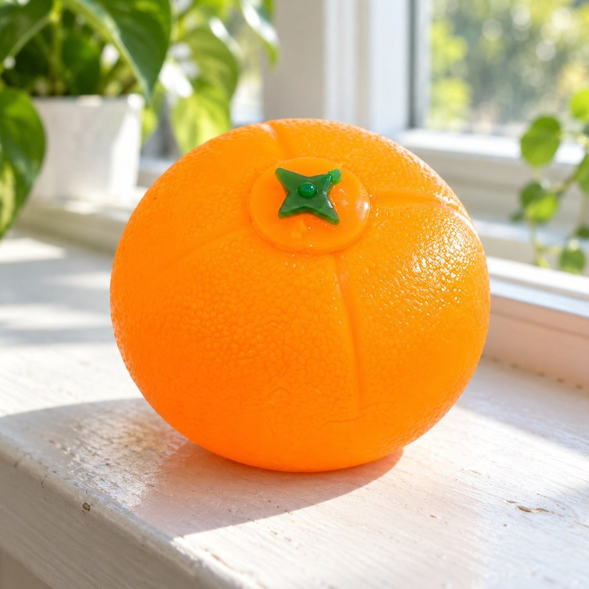 Waterbal squishy in oranje op een zonnige vensterbank