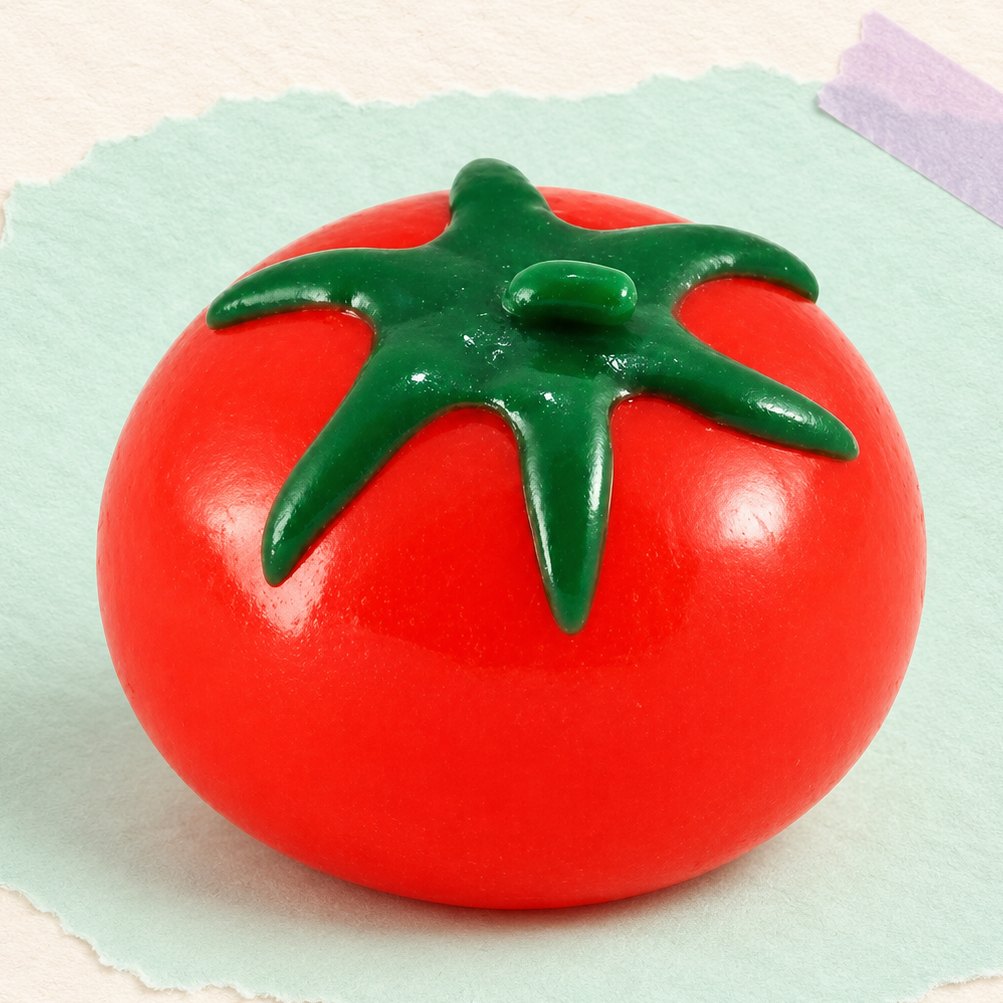 Waterbal squishy als tomaat, ook als druif of citroen, op pastelkleurig papier