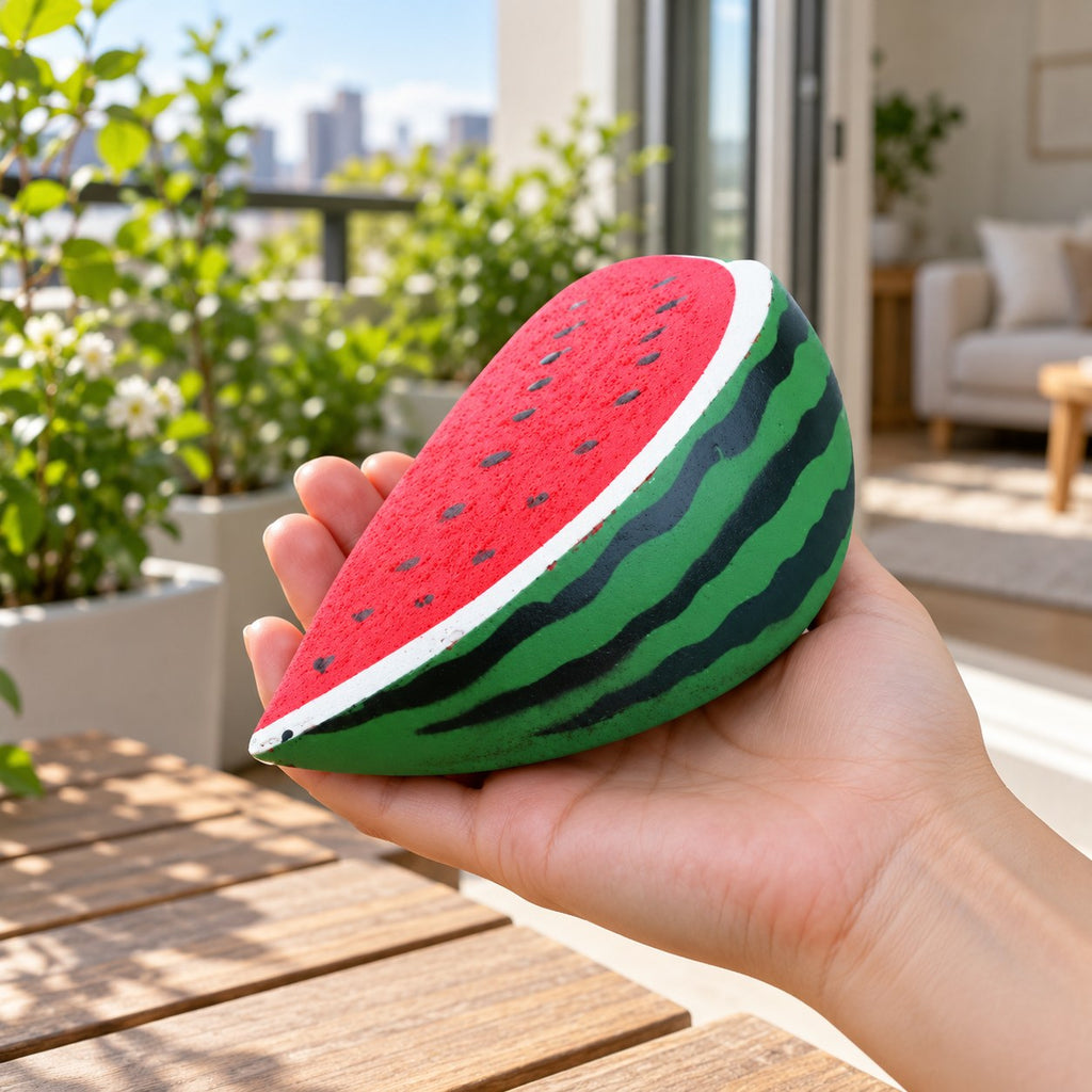 Watermelon Squishy, Slow Rising PU, held in a hand to show the real size