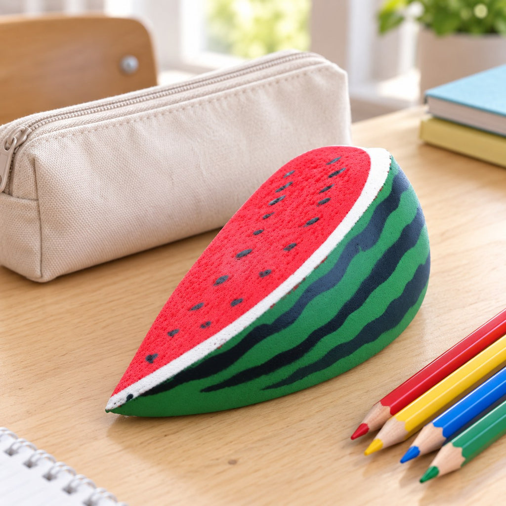 Watermelon Squishy, Slow Rising PU, on a school desk next to a pencil case
