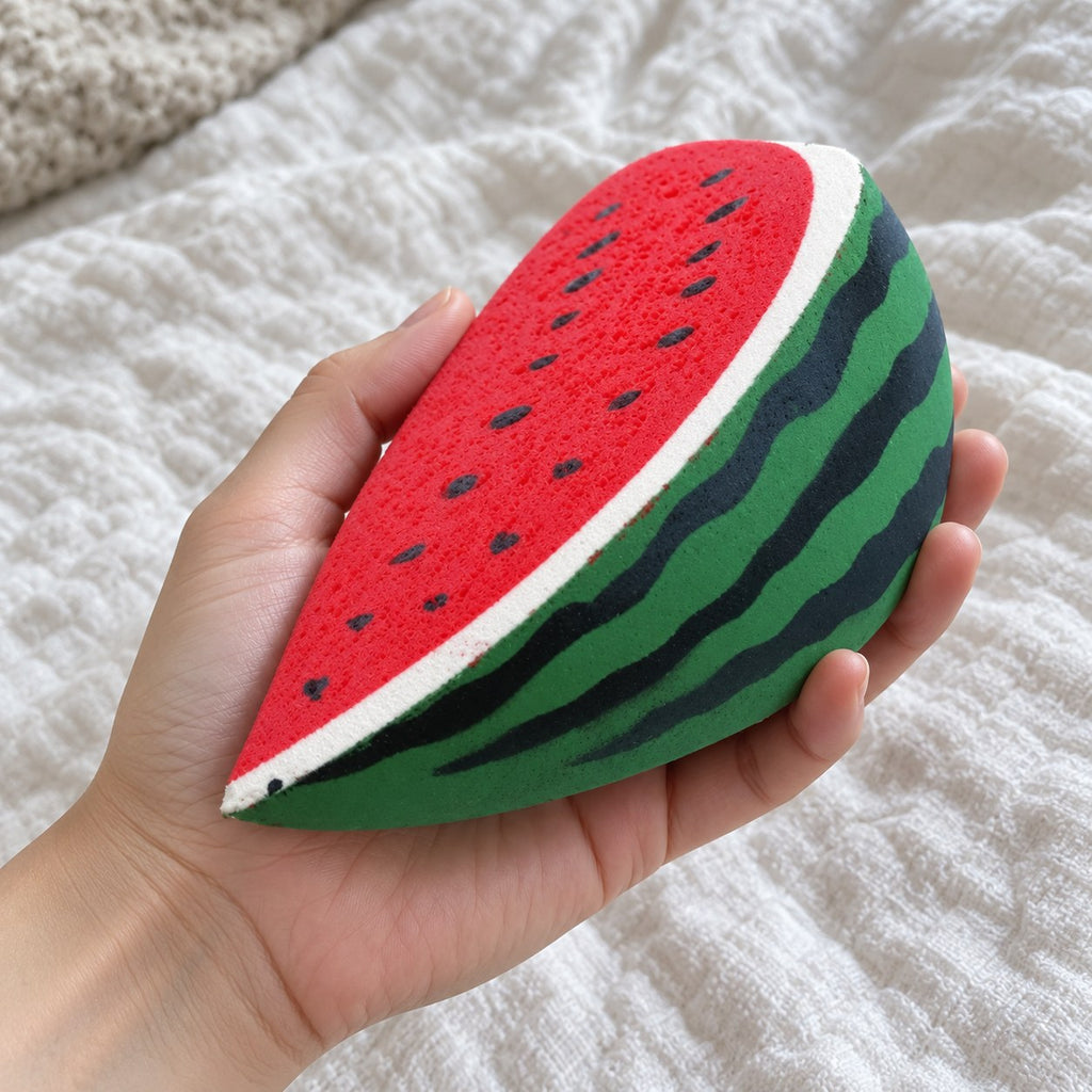 Watermelon squishy slow rising, held toward the camera, first-person view