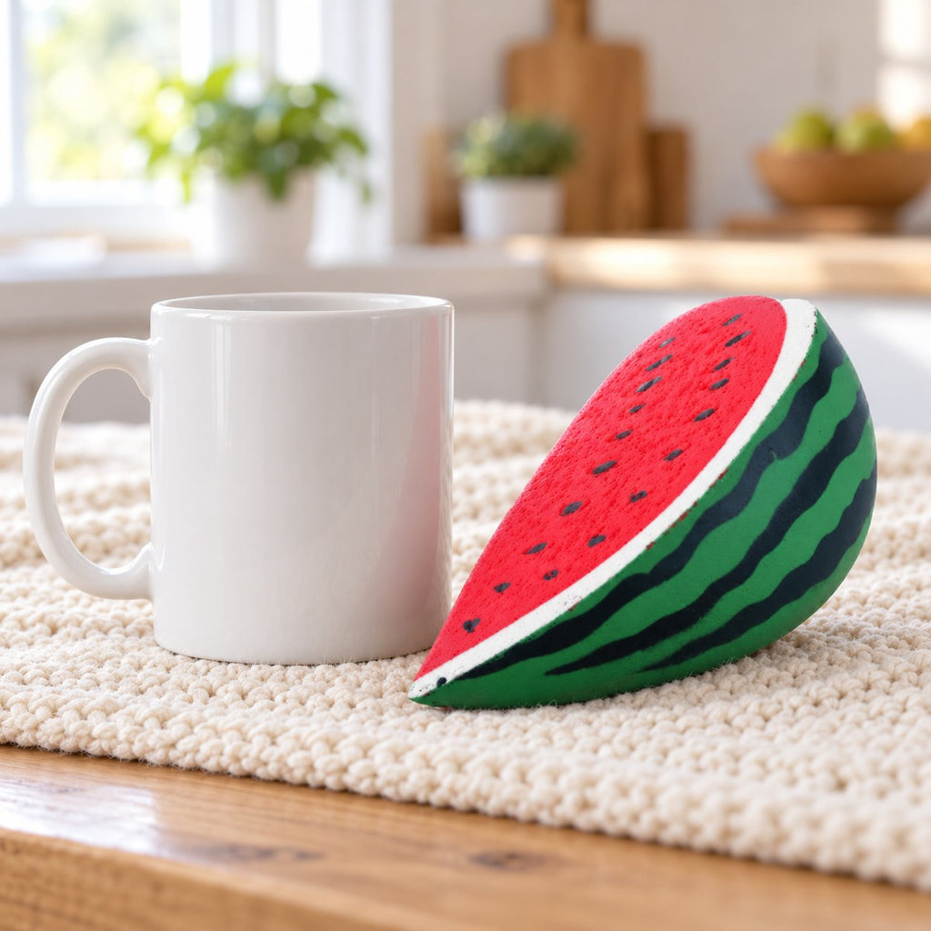 Watermelon Squishy, Slow Rising PU, next to a coffee mug for size comparison