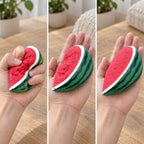 Watermelon squishy, squished flat, half risen and fully back in shape