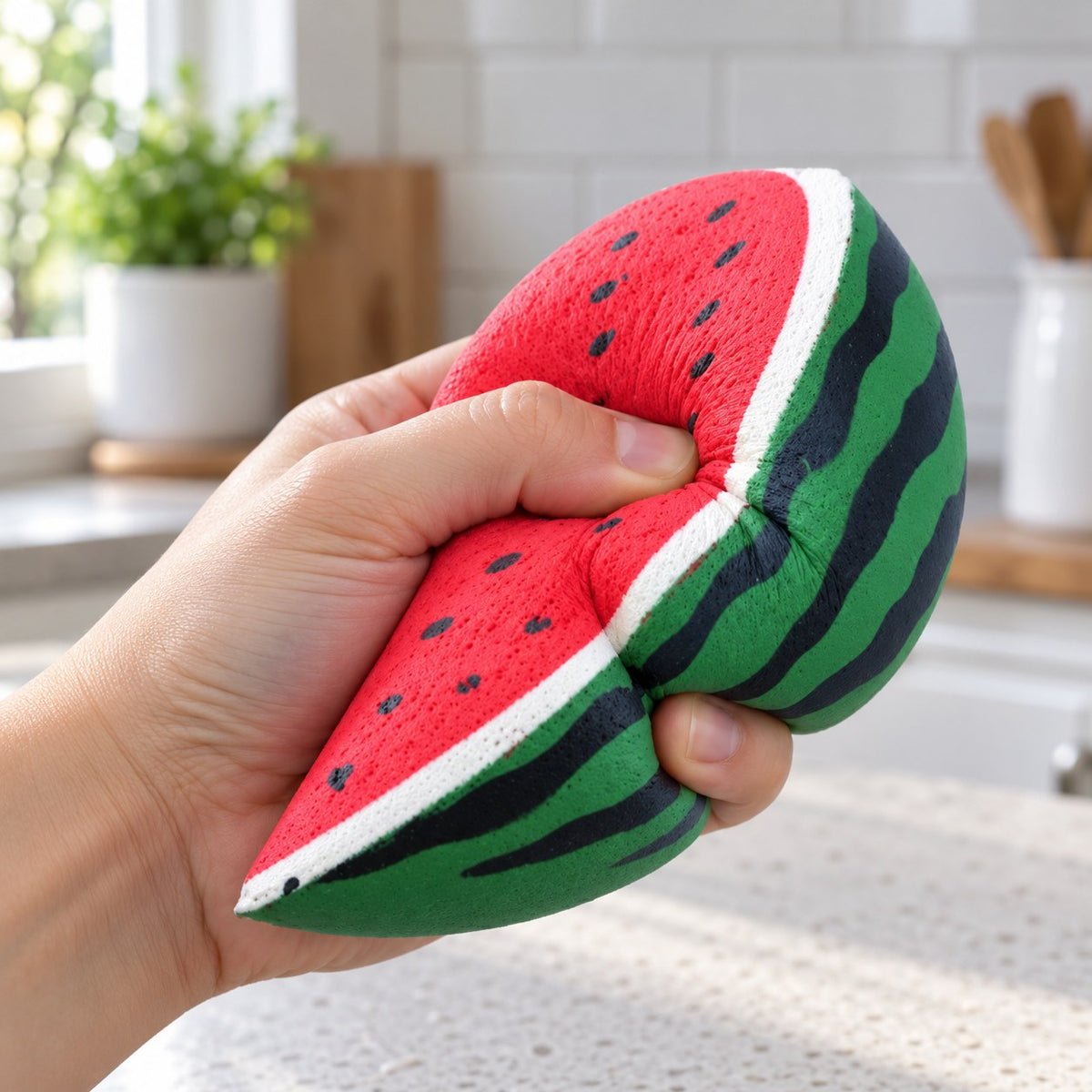 Watermelon Squishy, Slow Rising PU, being squeezed by hand, soft and squishy